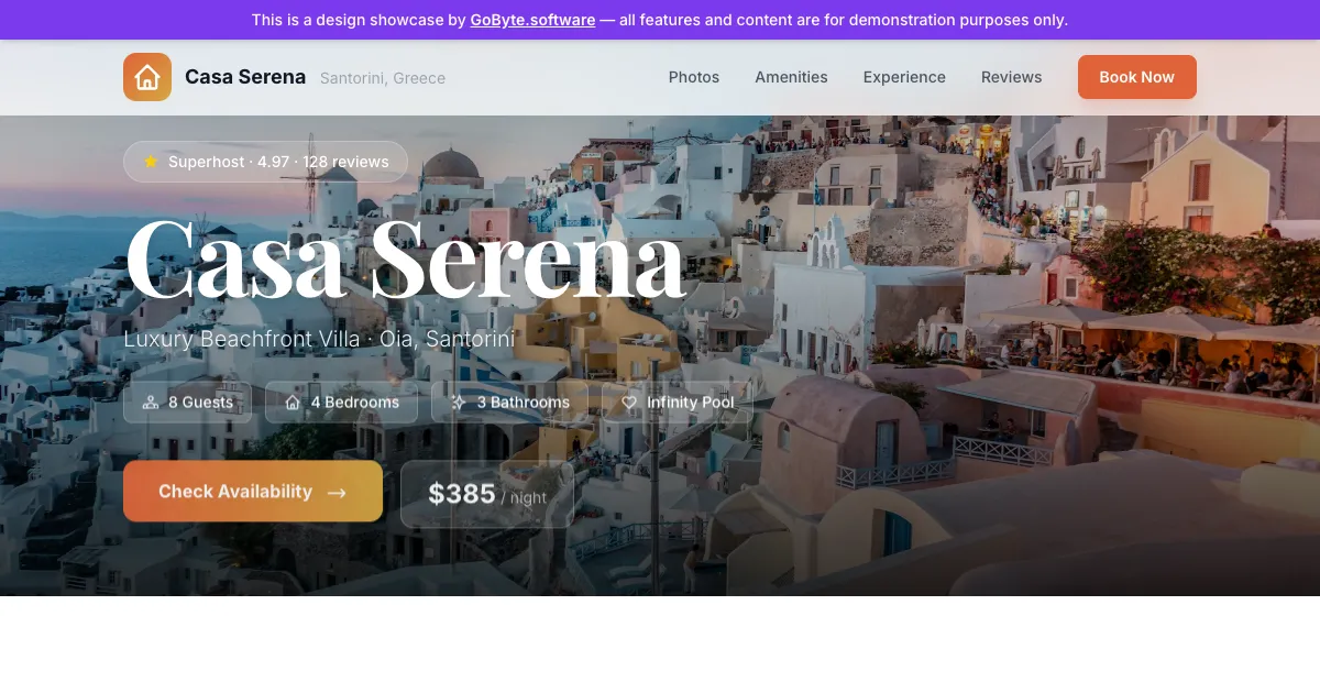 Luxury villa rental website example built by GoByte.software